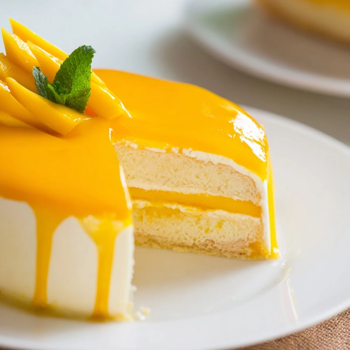 Elegant mango mousse cake slice revealing layered mousse over tender sponge with vibrant mango accents