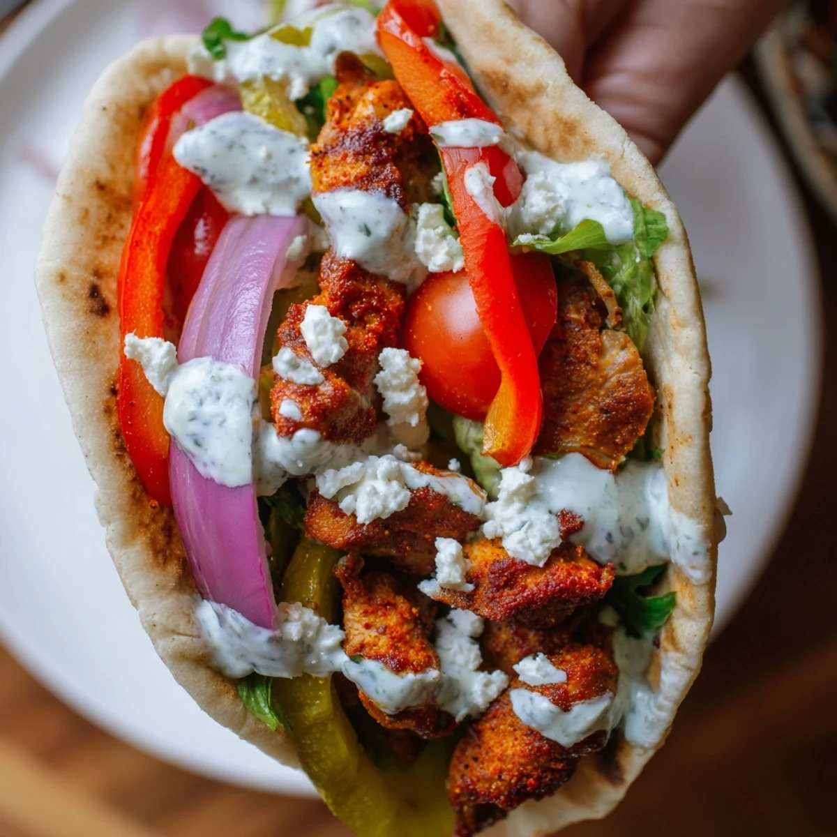 Sheet pan chicken pitas featuring tender spice-roasted meat, caramelized peppers and onions, and cool herbed yogurt sauce