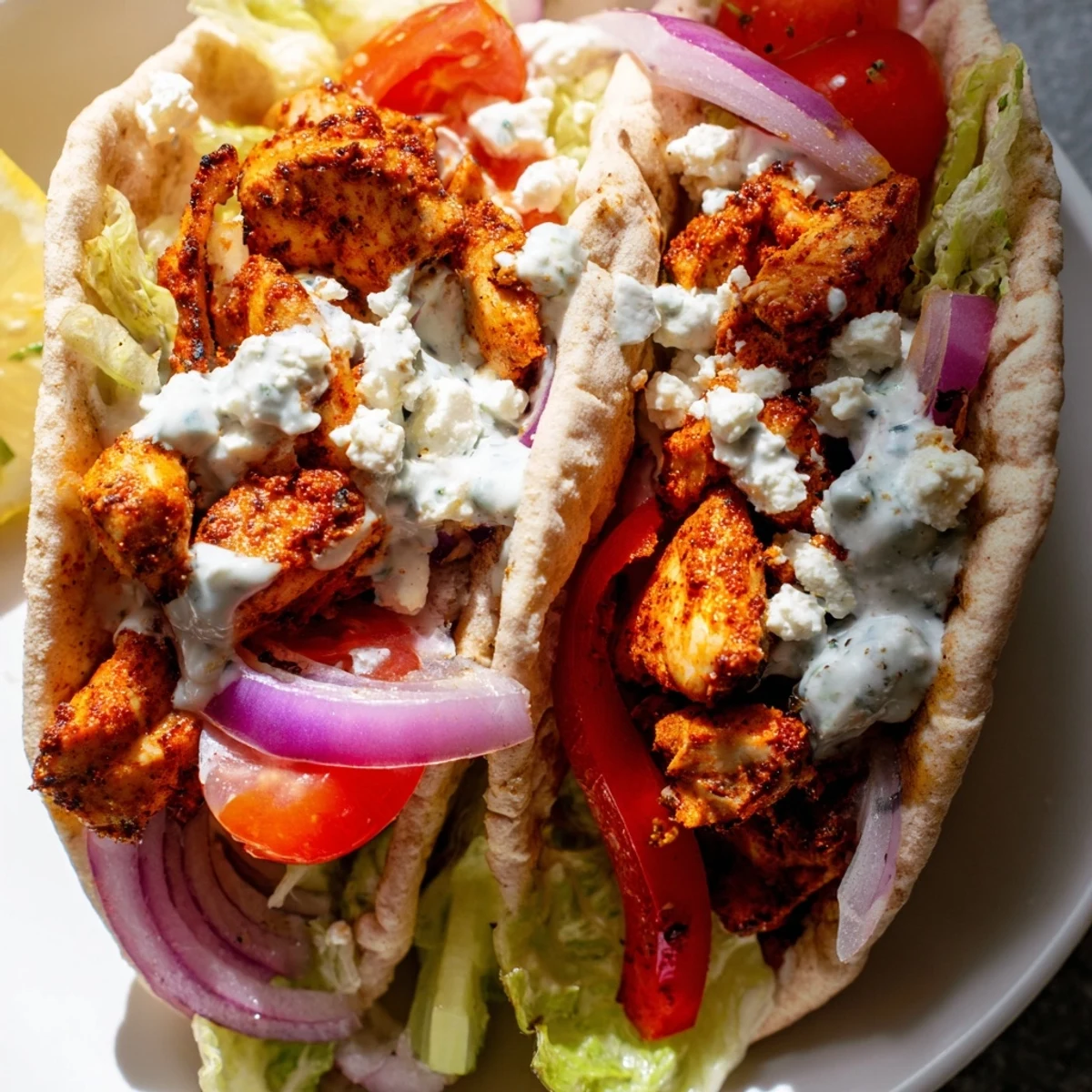 Golden roasted chicken and colorful vegetables stuffed inside warm pita breads with creamy herby ranch drizzled on top