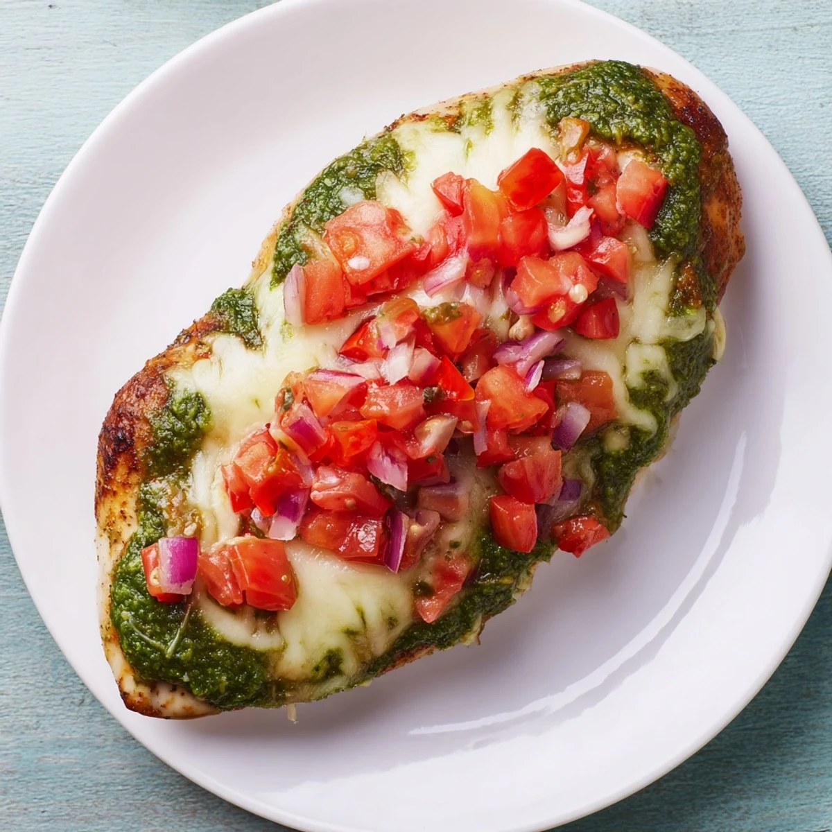 Golden baked pesto bruschetta chicken topped with melted mozzarella and fresh tomato bruschetta
