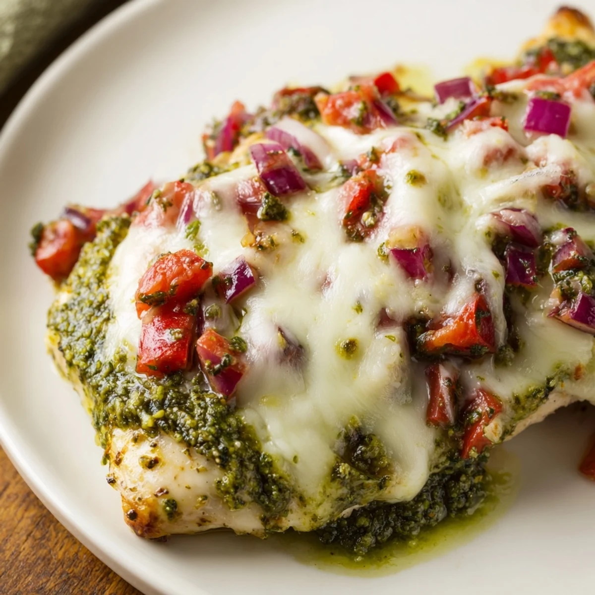 Tender chicken breasts layered with vibrant basil pesto, juicy diced tomatoes, and bubbly cheese