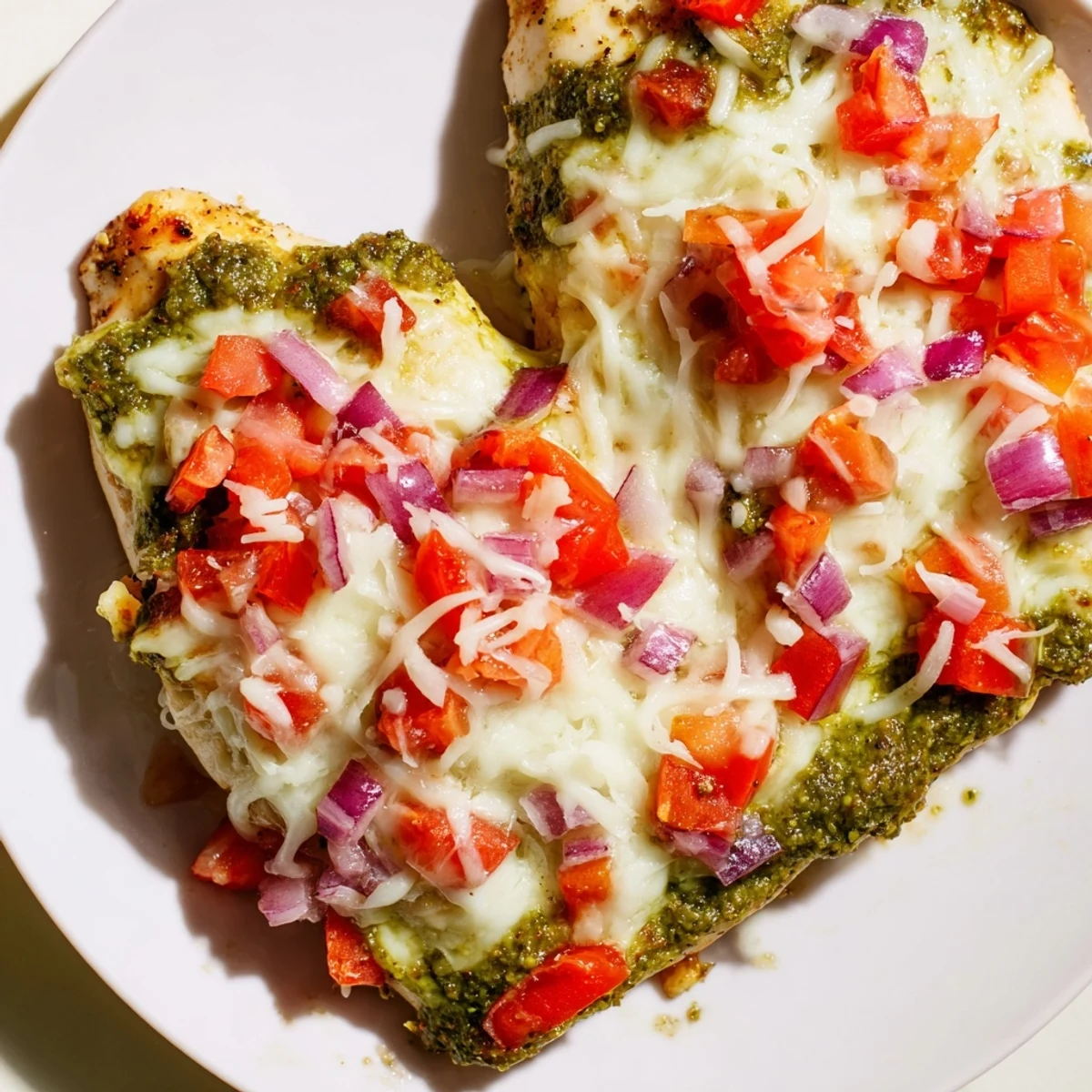 Italian-American pesto bruschetta chicken featuring seasoned baked chicken with colorful tomato topping and melted mozzarella