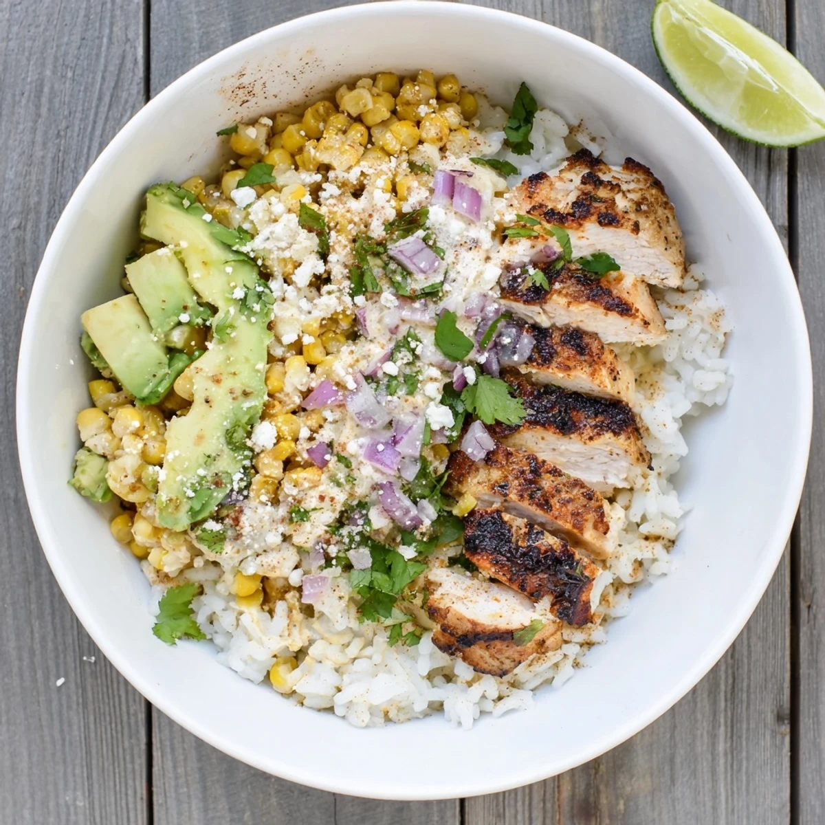 Vibrant street corn chicken rice bowl layered with fluffy rice zesty corn and sliced avocado