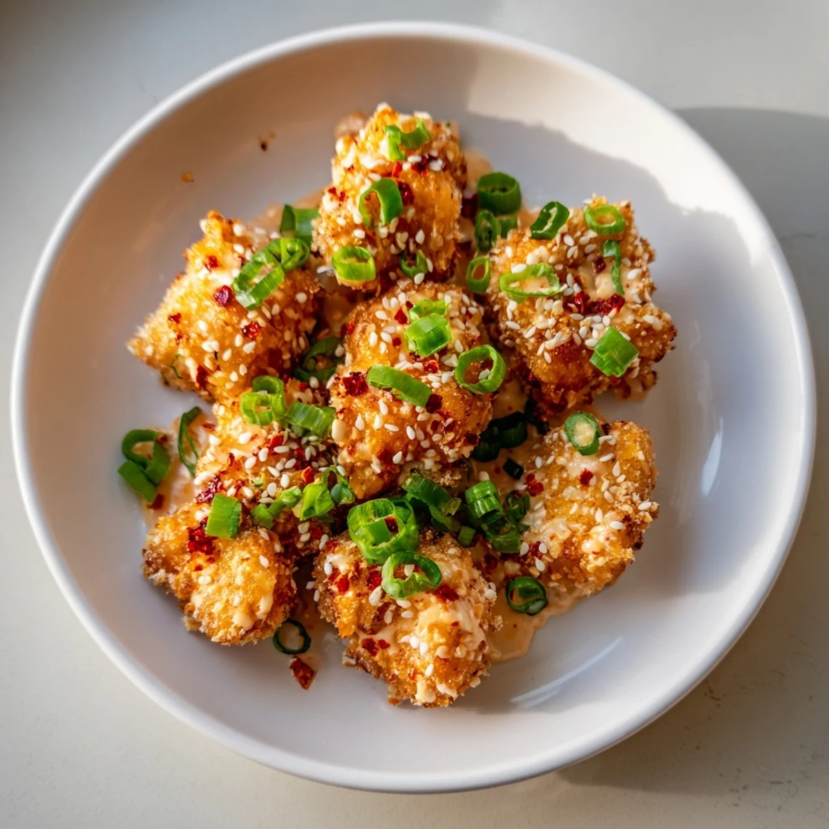 Golden crispy salmon bites coated in creamy spicy Bang Bang sauce topped with fresh chives