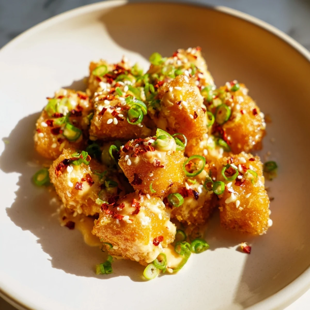 Tender fried salmon cubes drizzled with sweet and spicy Bang Bang sauce on white plate