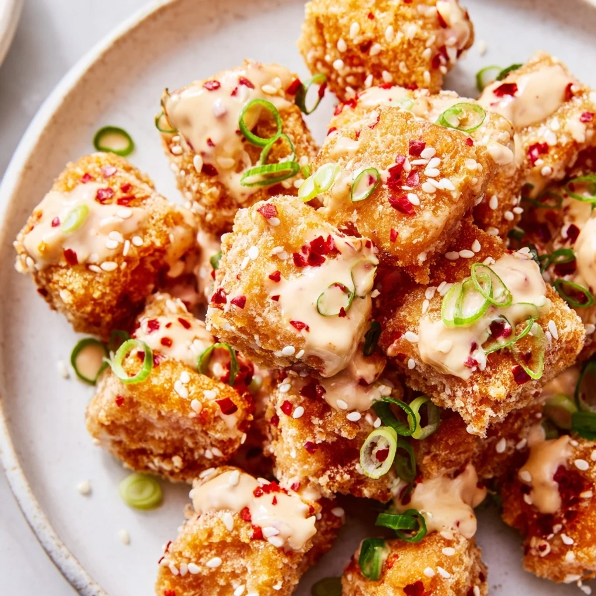 Crispy pan-fried salmon bites tossed in tangy red Bang Bang sauce with sesame seed garnish