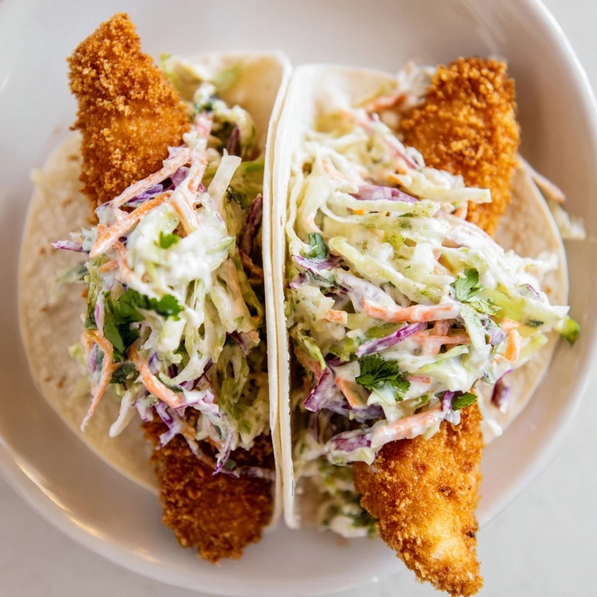 Golden fried fish tacos topped with colorful purple and green cabbage slaw and fresh cilantro