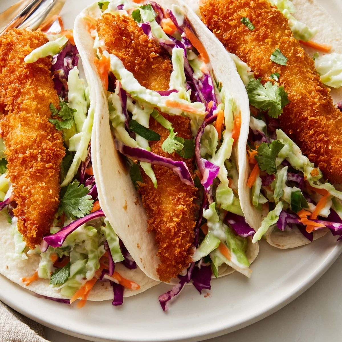 Crispy fish fillets nestled in warm tortillas with zesty lime cabbage and crunchy vegetables