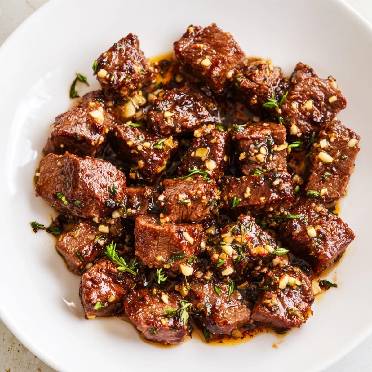 Succulent steak bites tossed in fragrant garlic butter sauce and garnished with fresh green parsley and thyme leaves