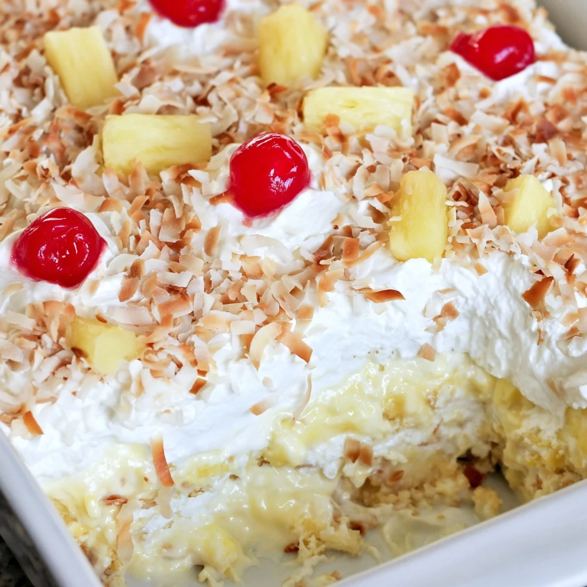 Tropical Hawaiian poke cake drizzled with sweetened condensed milk and coconut cream