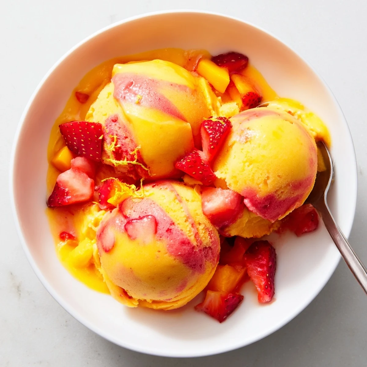 Creamy mango strawberry sorbet scooped into chilled bowls with fresh mint garnish