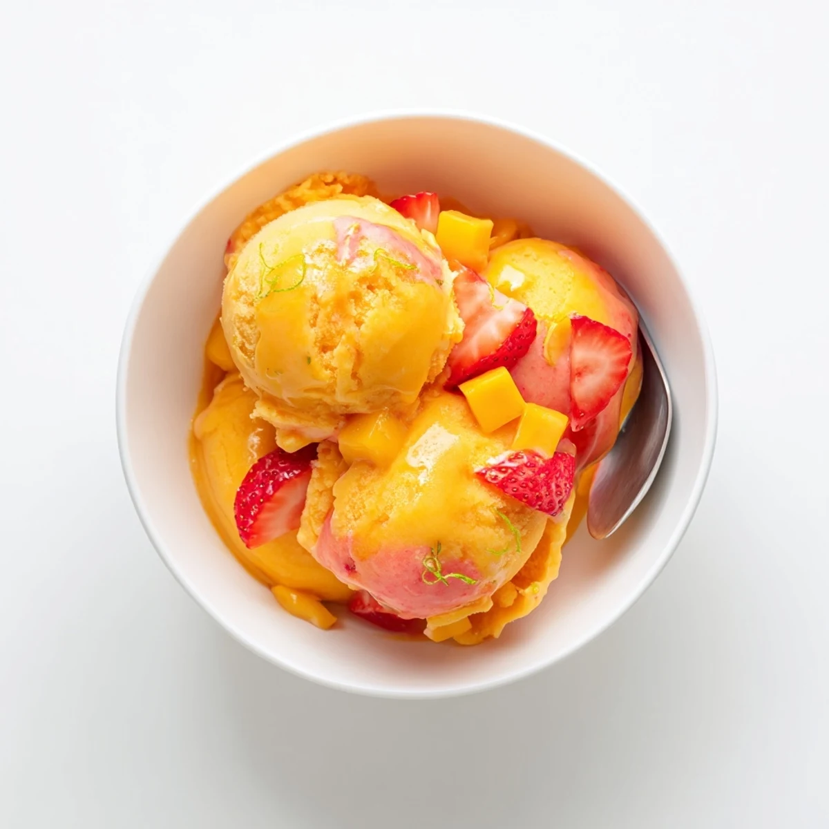 Vibrant yellow and red mango strawberry sorbet melting slightly in dessert bowls