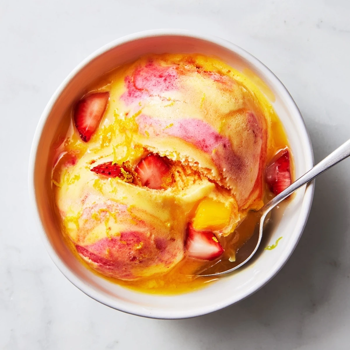 Smooth mango strawberry sorbet swirled in a glass dish with lime wedge garnish