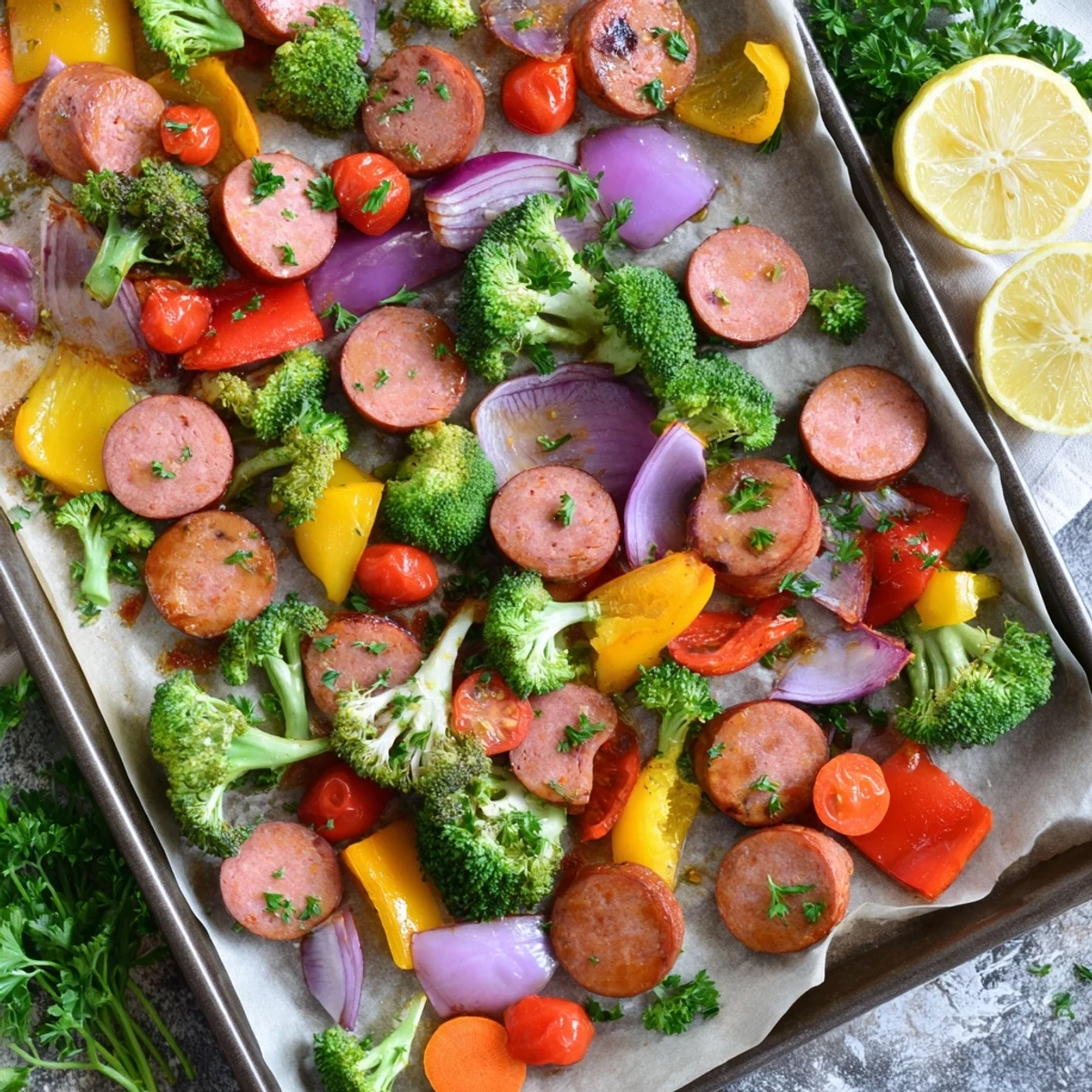 Golden roasted kielbasa and colorful vegetables coated in sticky honey garlic glaze on a sheet pan