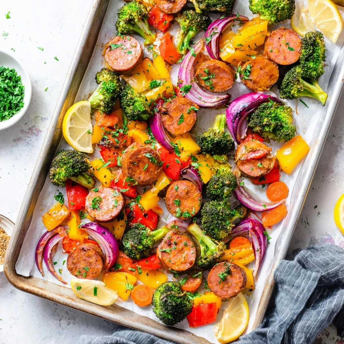 Vibrant one pan honey garlic kielbasa with caramelized broccoli peppers and roasted cherry tomatoes
