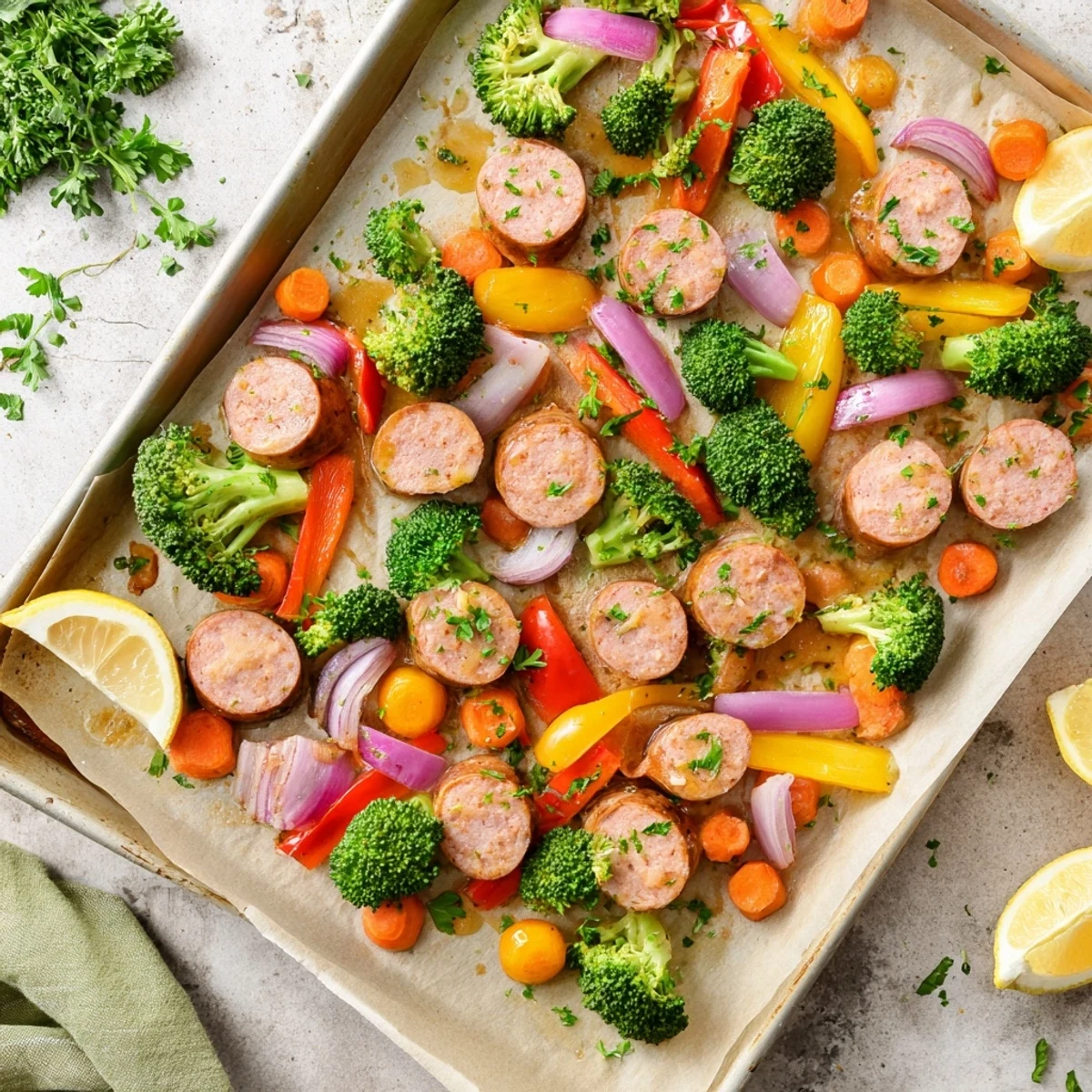 Family dinner of smoky sausage and veggies roasted together with sweet honey garlic sauce