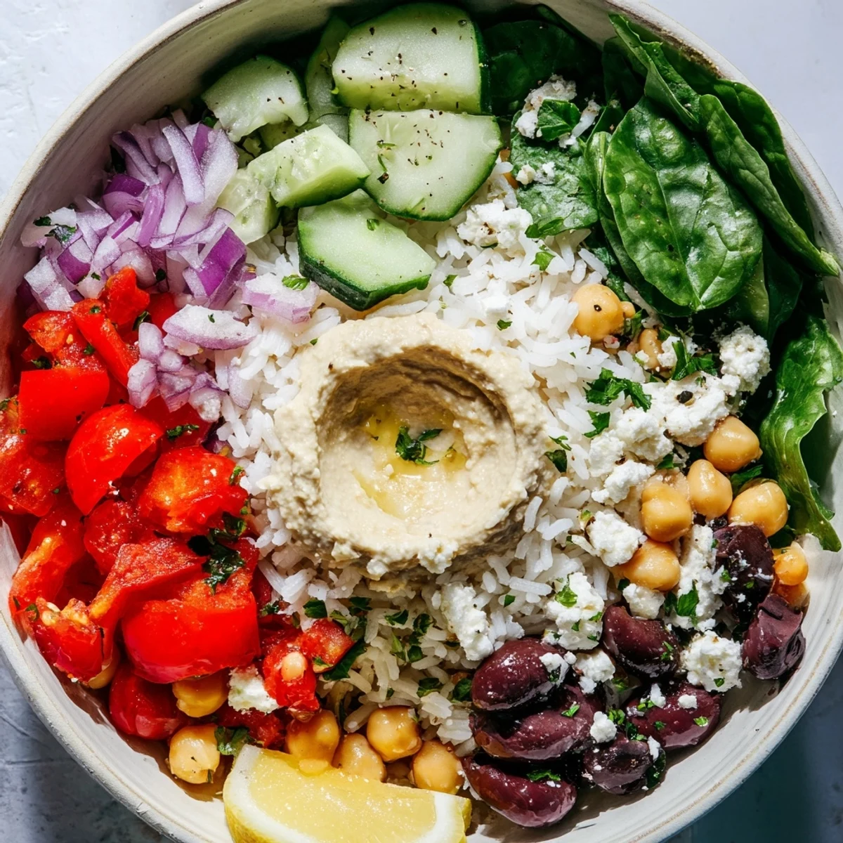 Golden fluffy rice piled high with crisp cucumbers, tomatoes, olives, and creamy feta crumbles.