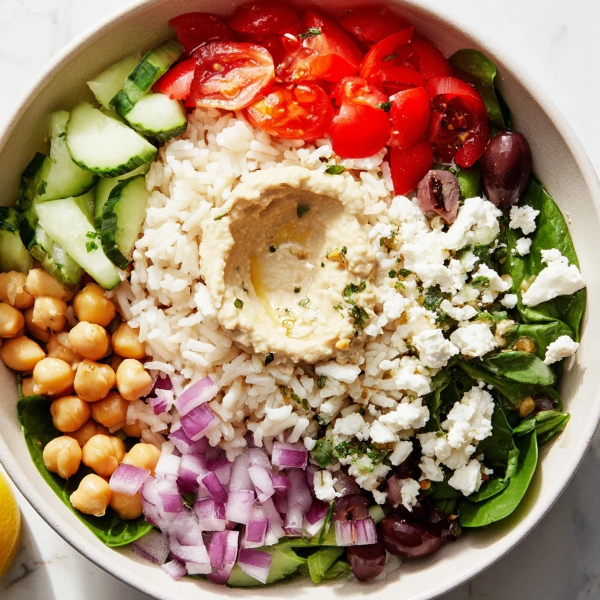 Wholesome Mediterranean rice bowl arranged with vibrant veggies, chickpeas, and garnished fresh parsley.