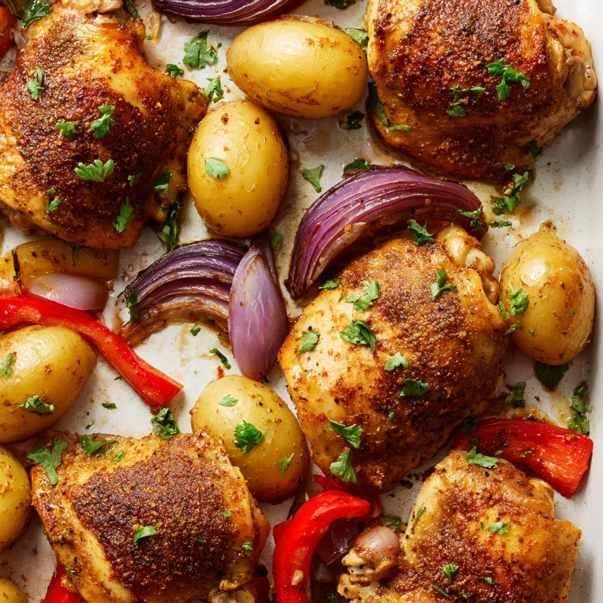 Golden sheet pan chicken and potatoes roasted with red onion and bell pepper for an easy one-pan dinner