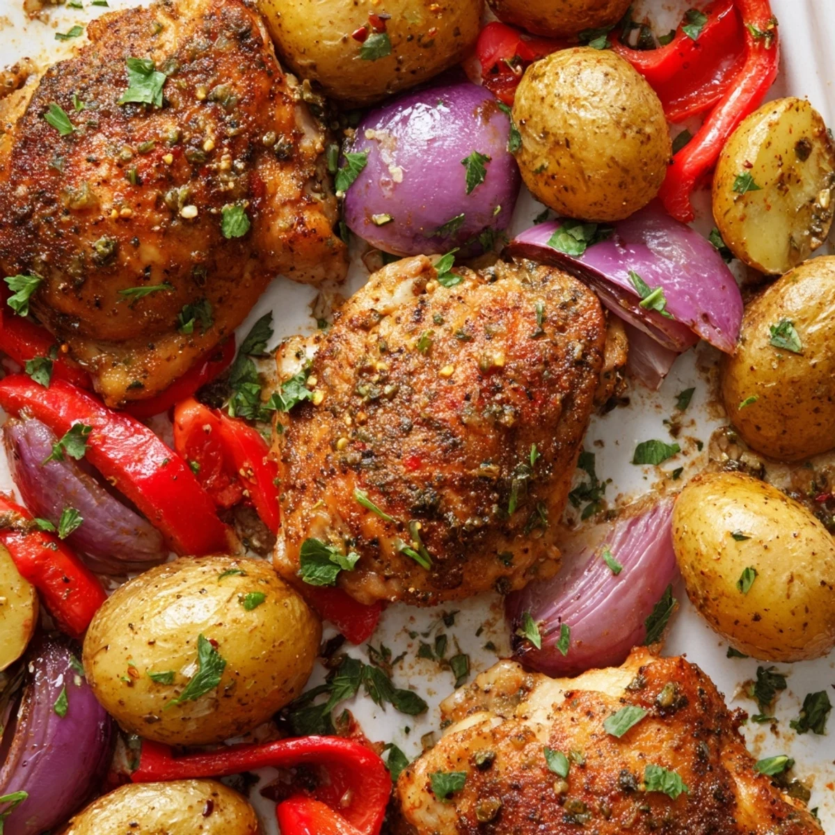 Succulent roasted chicken thighs nestled among crispy baby potatoes and colorful vegetables on a single baking sheet
