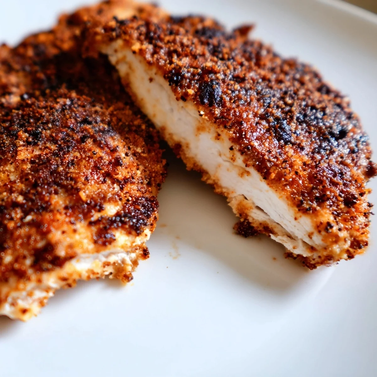 Golden brown blackened chicken breasts with dark spicy crust on white plate