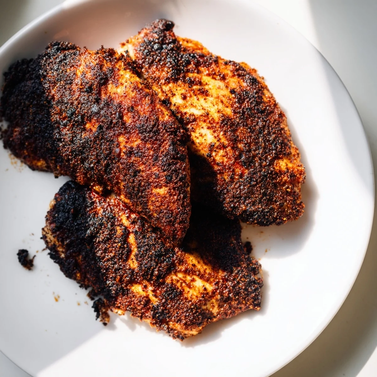 Juicy Cajun spiced blackened chicken sliced to reveal tender moist interior meat