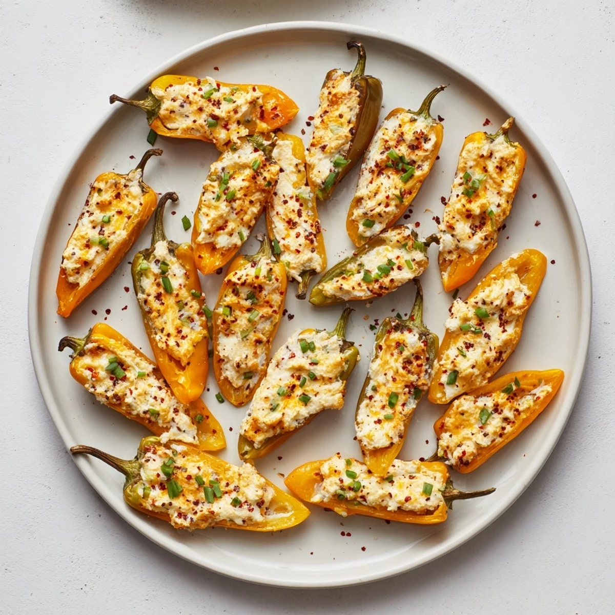 Colorful roasted mini peppers filled with creamy three-cheese blend, perfectly air fried until tender and lightly golden