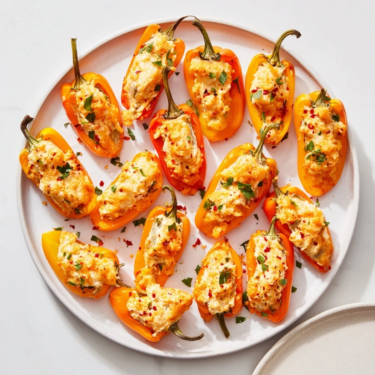Golden air fryer cream cheese stuffed mini peppers arranged on a white serving platter with fresh parsley garnish