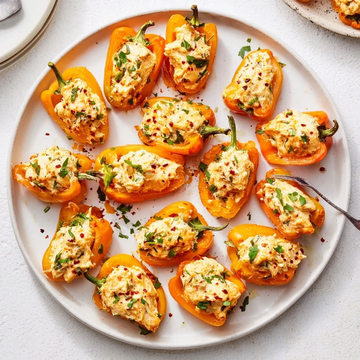 Halved sweet peppers overflowing with savory cream cheese filling after air frying, garnished with paprika and fresh herbs