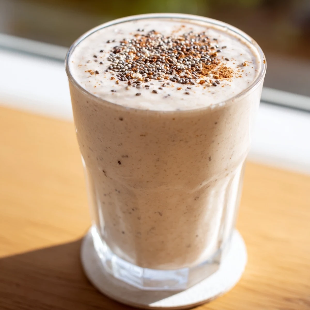 Thick blended Greek yogurt banana smoothie garnished with cinnamon and a drizzle of golden honey