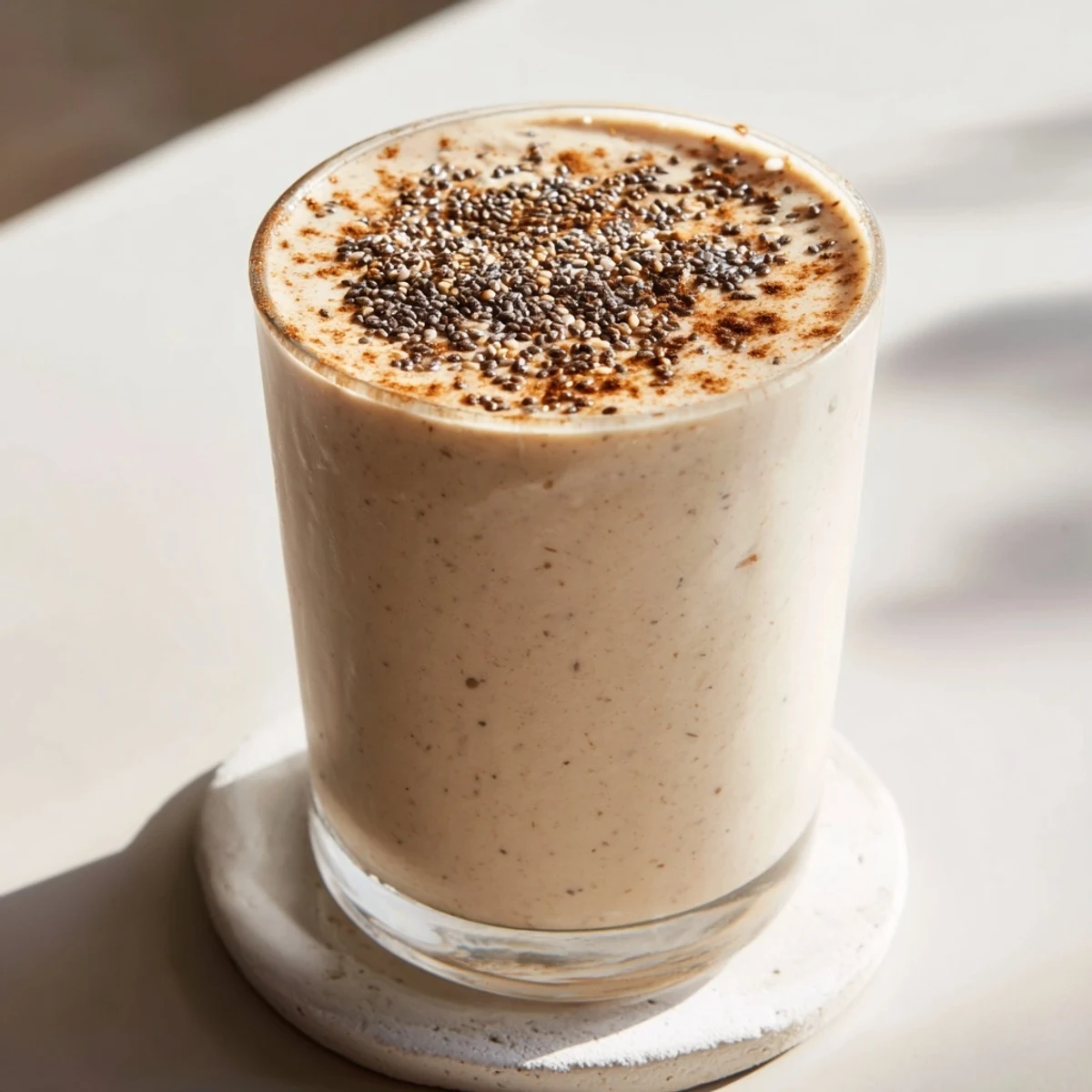 Creamy Greek yogurt banana smoothie poured into tall glasses with fresh banana slices on top