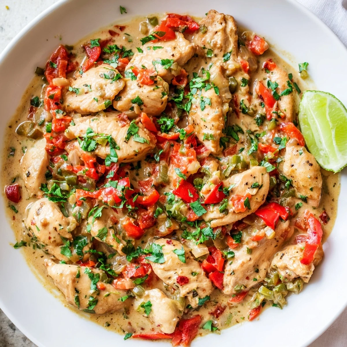 Steaming bowl of spicy Brazilian coconut chicken garnished with fresh cilantro and lime