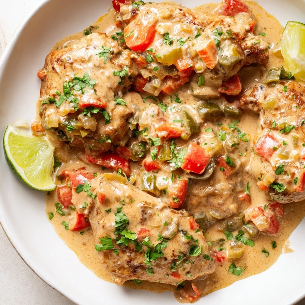Golden chicken pieces swimming in rich creamy coconut sauce with colorful bell peppers