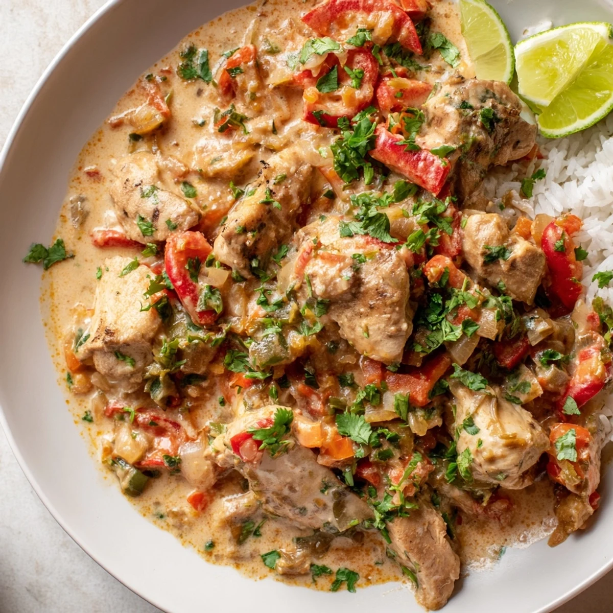 Creamy coconut chicken simmered with diced tomatoes and vibrant red and green peppers