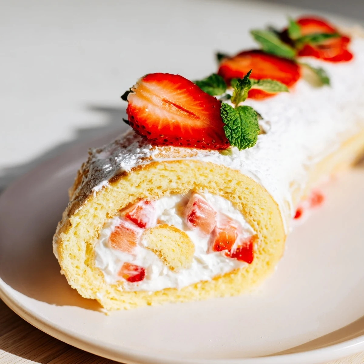 Playful strawberry shortcake sushi rolls featuring vanilla cake rolled with fresh strawberries and whipped cream