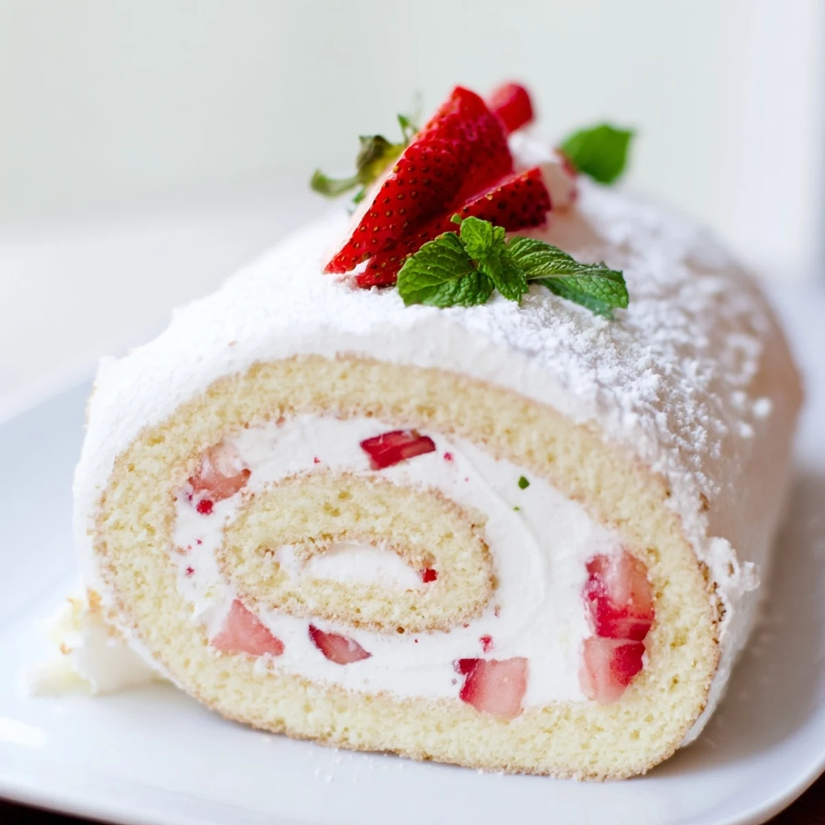 Fusion strawberry shortcake sushi pieces topped with fresh strawberry slices and mint on a serving platter