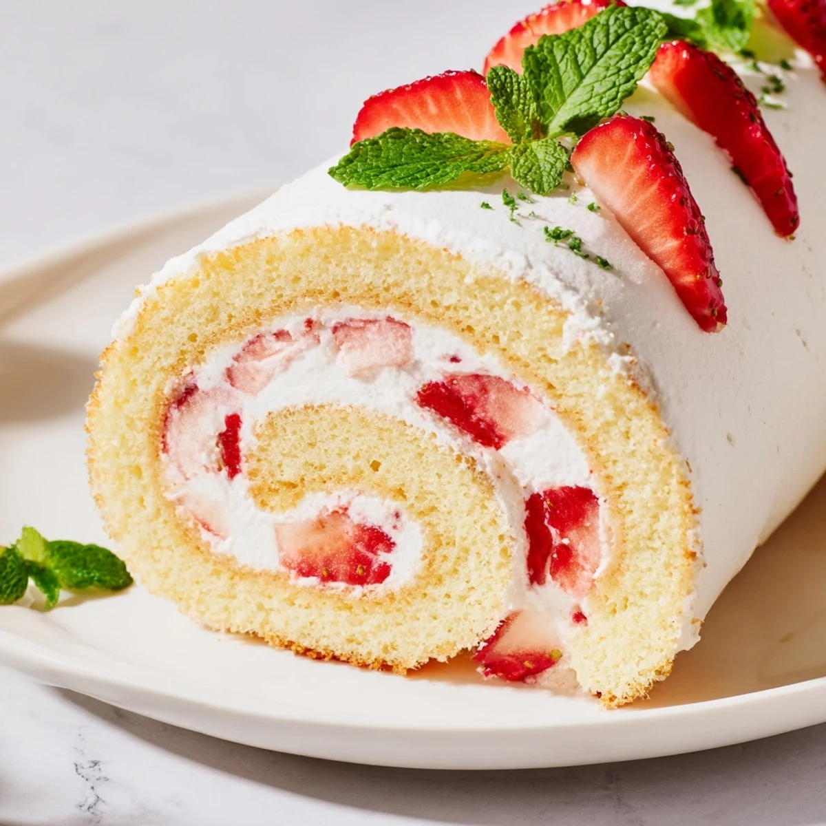 Dessert sushi with soft vanilla sponge cake layers filled with sweet diced strawberries and fluffy cream