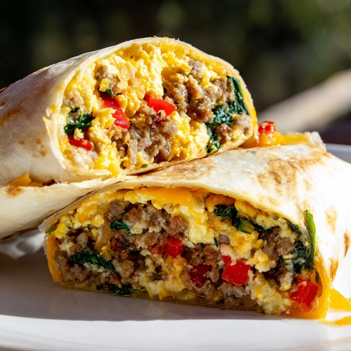 Hearty breakfast burritos filled with savory sausage, colorful bell peppers, and scrambled eggs on a wooden board
