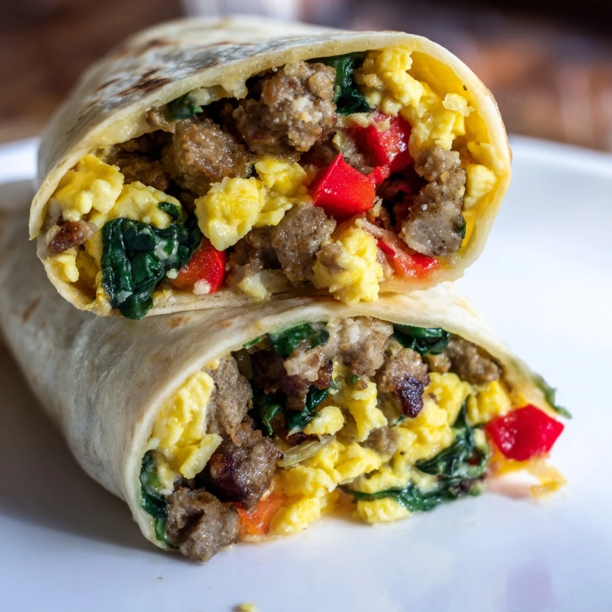 Plate of warm breakfast burritos with spinach, cheese, and eggs ready for grab-and-go busy mornings
