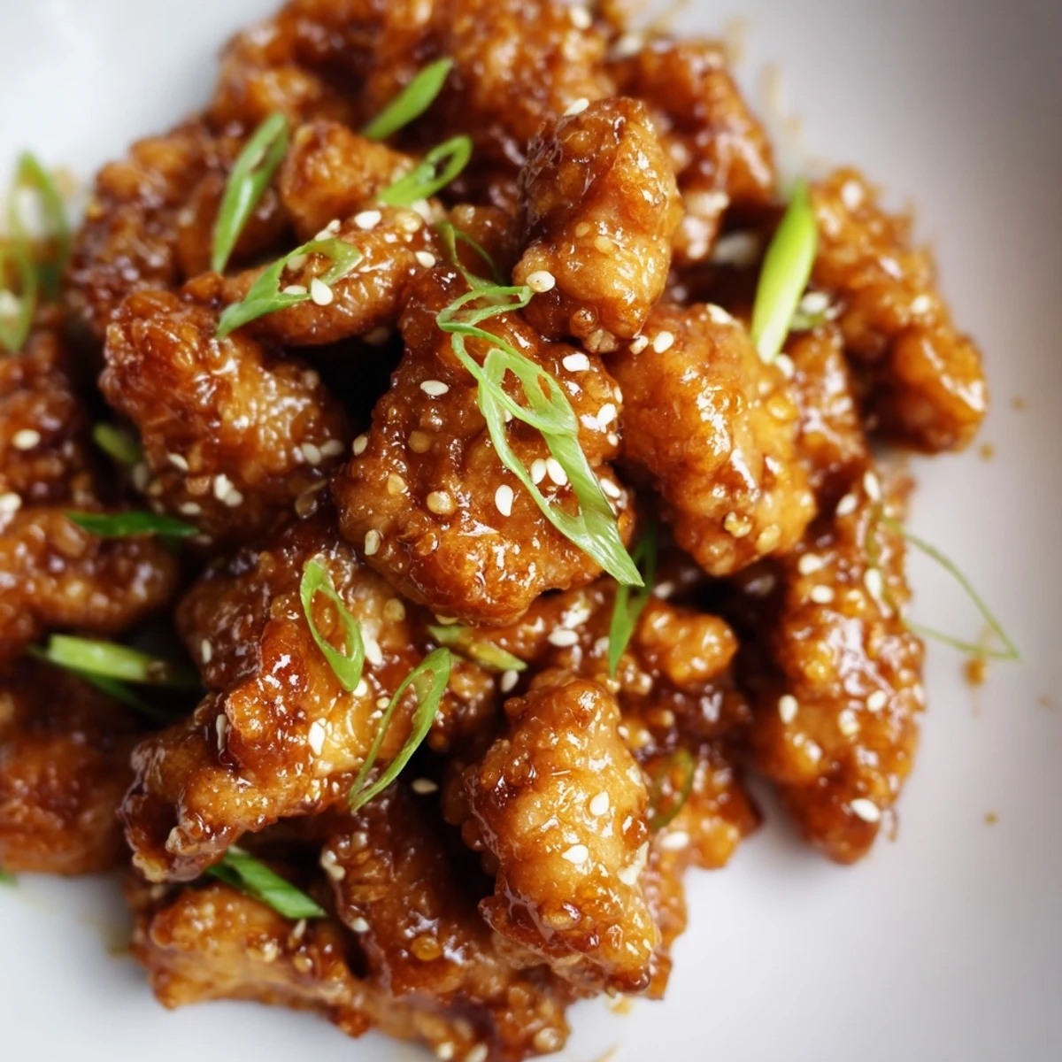 Crispy chicken thighs simmered in rich Mongolian sauce with sesame seeds and green onions