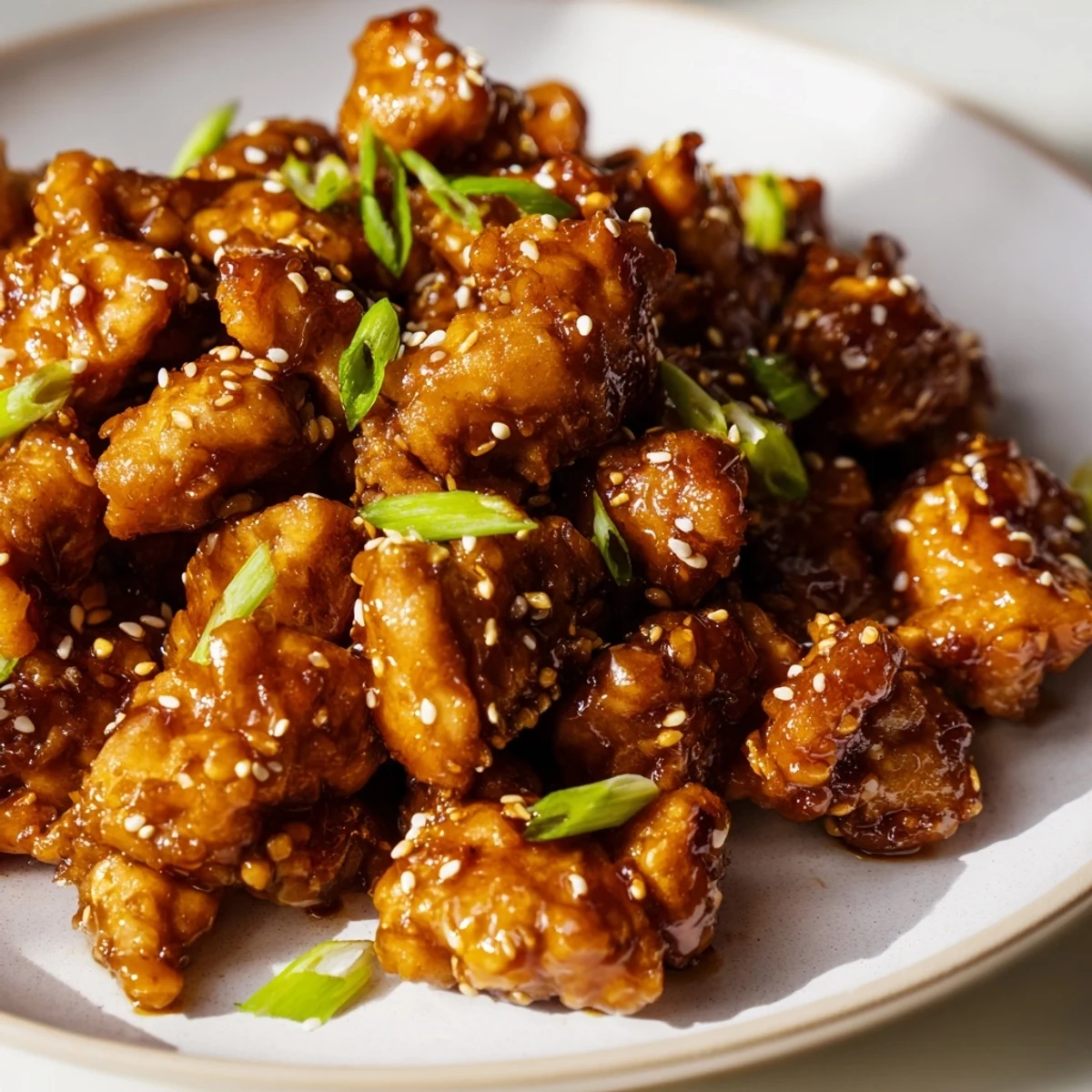 Mongolian chicken served over fluffy white rice topped with fresh scallions and sesame seeds