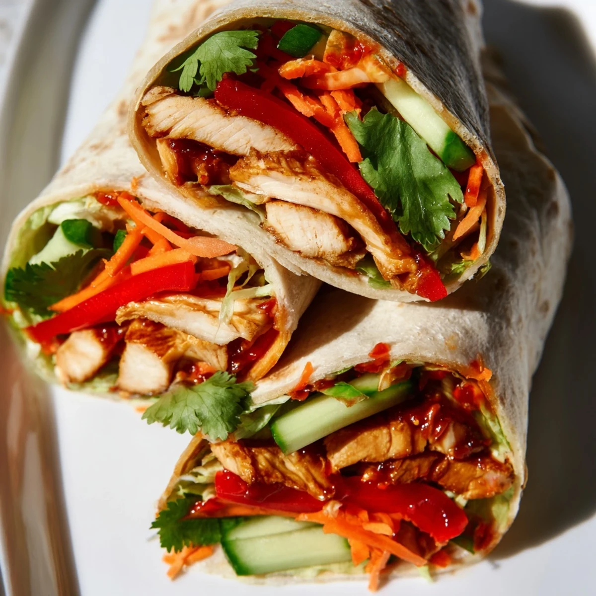 Warm flour tortilla rolled around tender sweet chili chicken with fresh colorful vegetable crunch