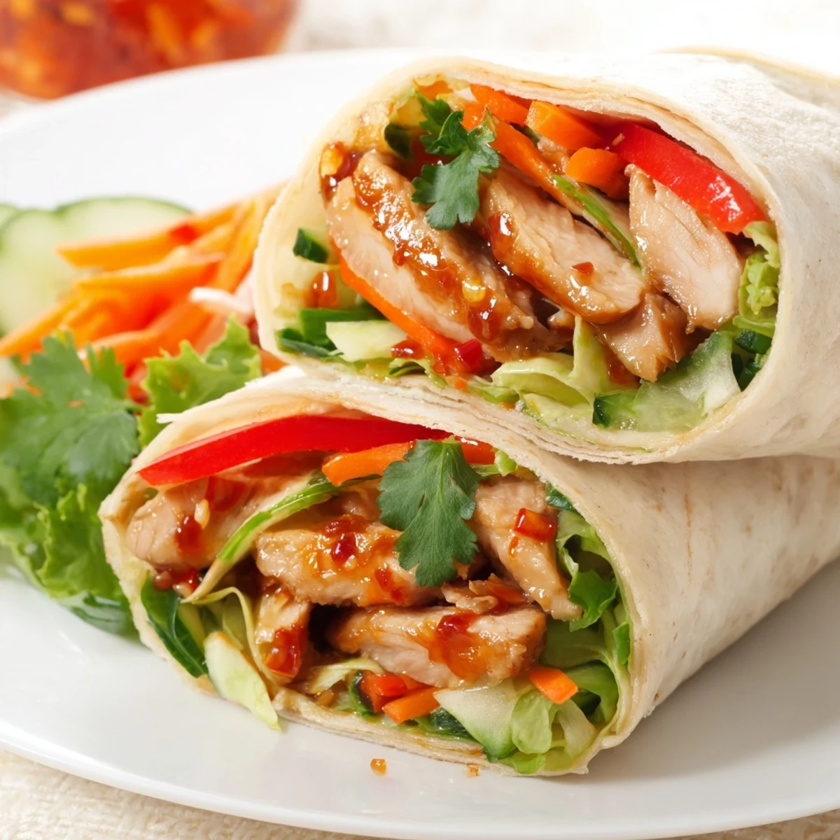 Hand-held sweet chili chicken wraps showcasing marinated chicken, lettuce, peppers, and zesty sauce