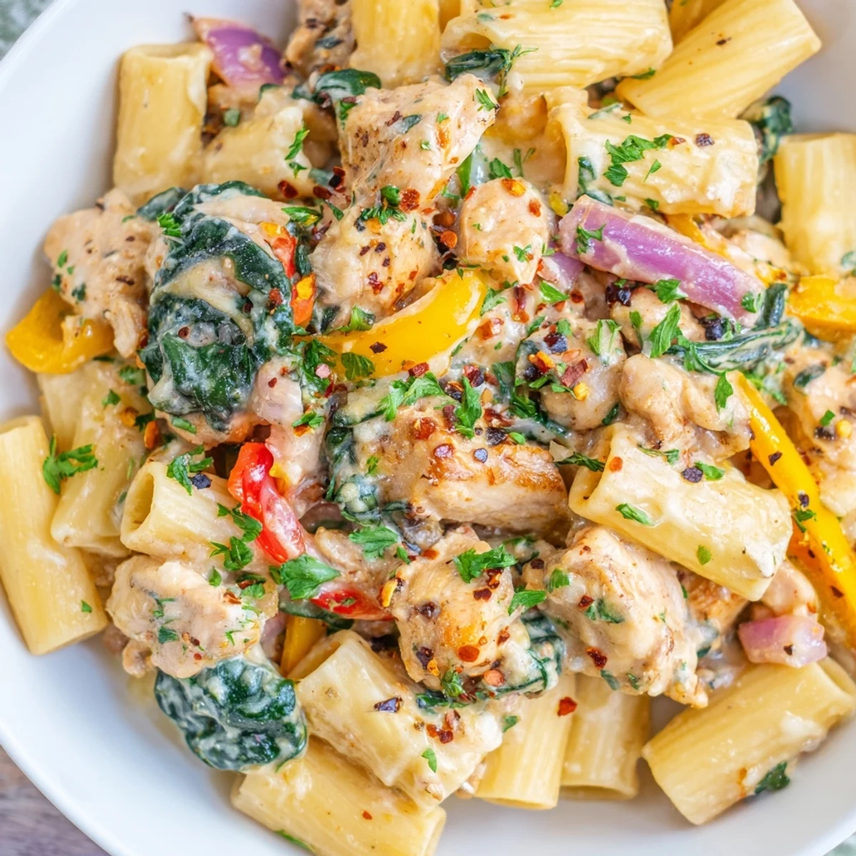 Steaming bowl of cowboy butter chicken pasta topped with fresh parsley and grated Parmesan cheese