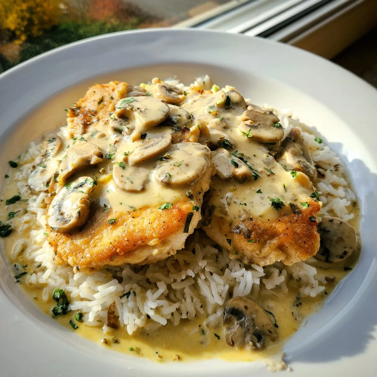 Golden chicken breasts simmered in rich Parmesan cream sauce over fluffy white rice