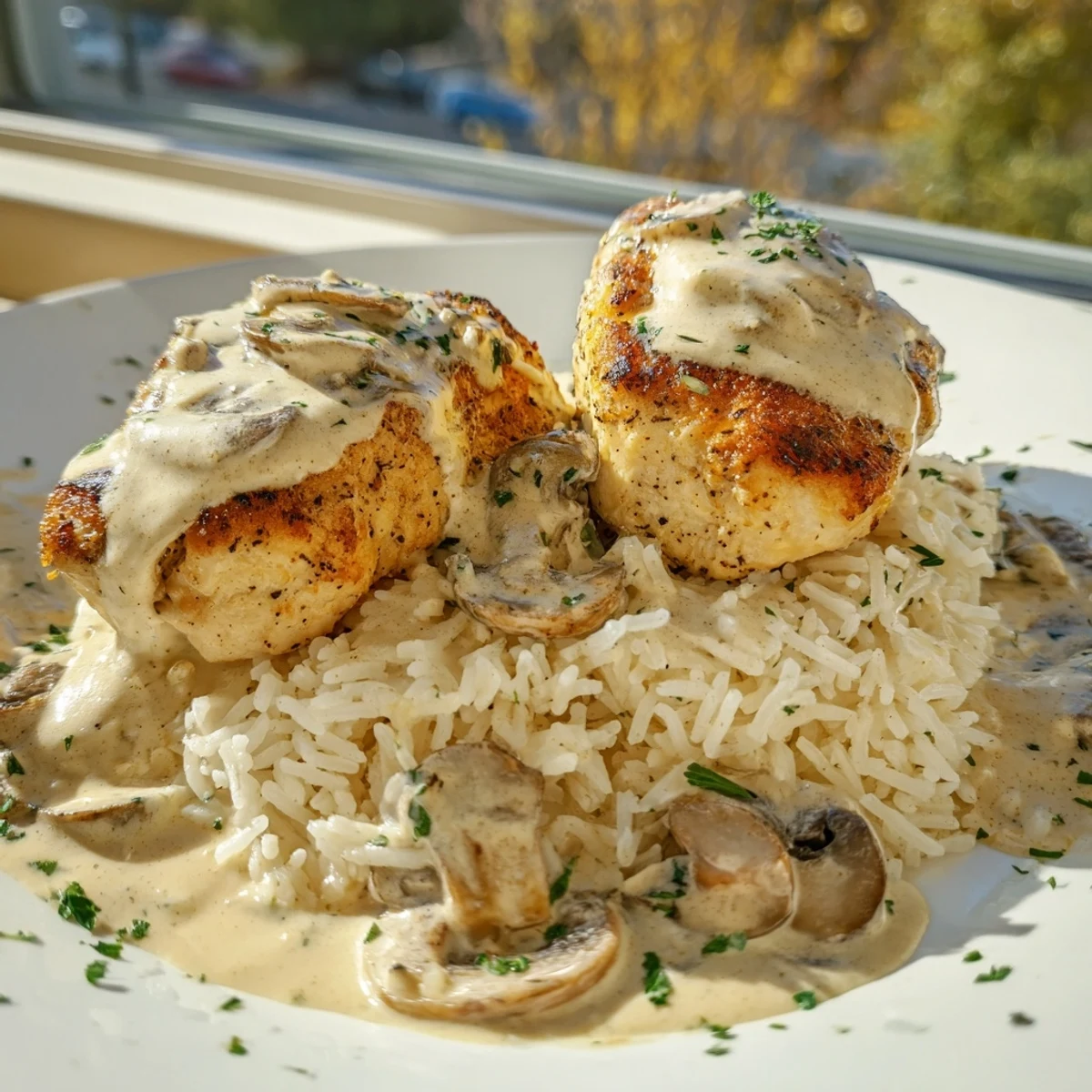 Tender smothered chicken and rice plated with savory mushroom sauce and fresh herbs