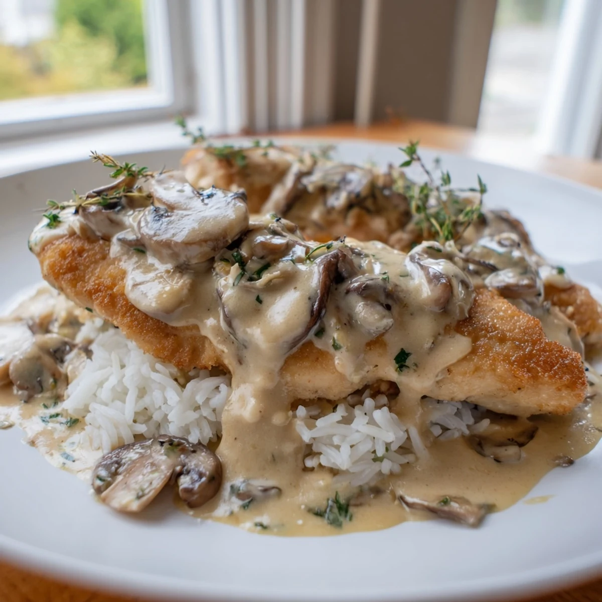 Comforting creamy smothered chicken and rice served in a bowl with thick garlic sauce