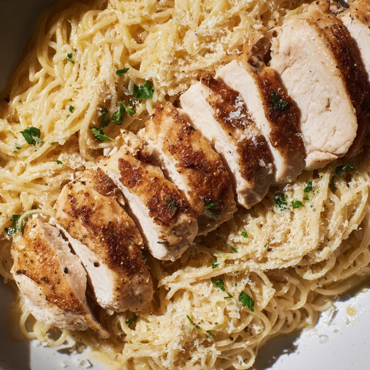 Golden seared chicken breasts resting atop glossy buttered noodles with fresh parsley garnish in a skillet