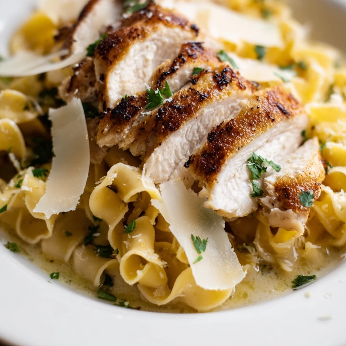 One pan chicken with buttered noodles featuring tender sliced meat over creamy egg noodles finished with Parmesan