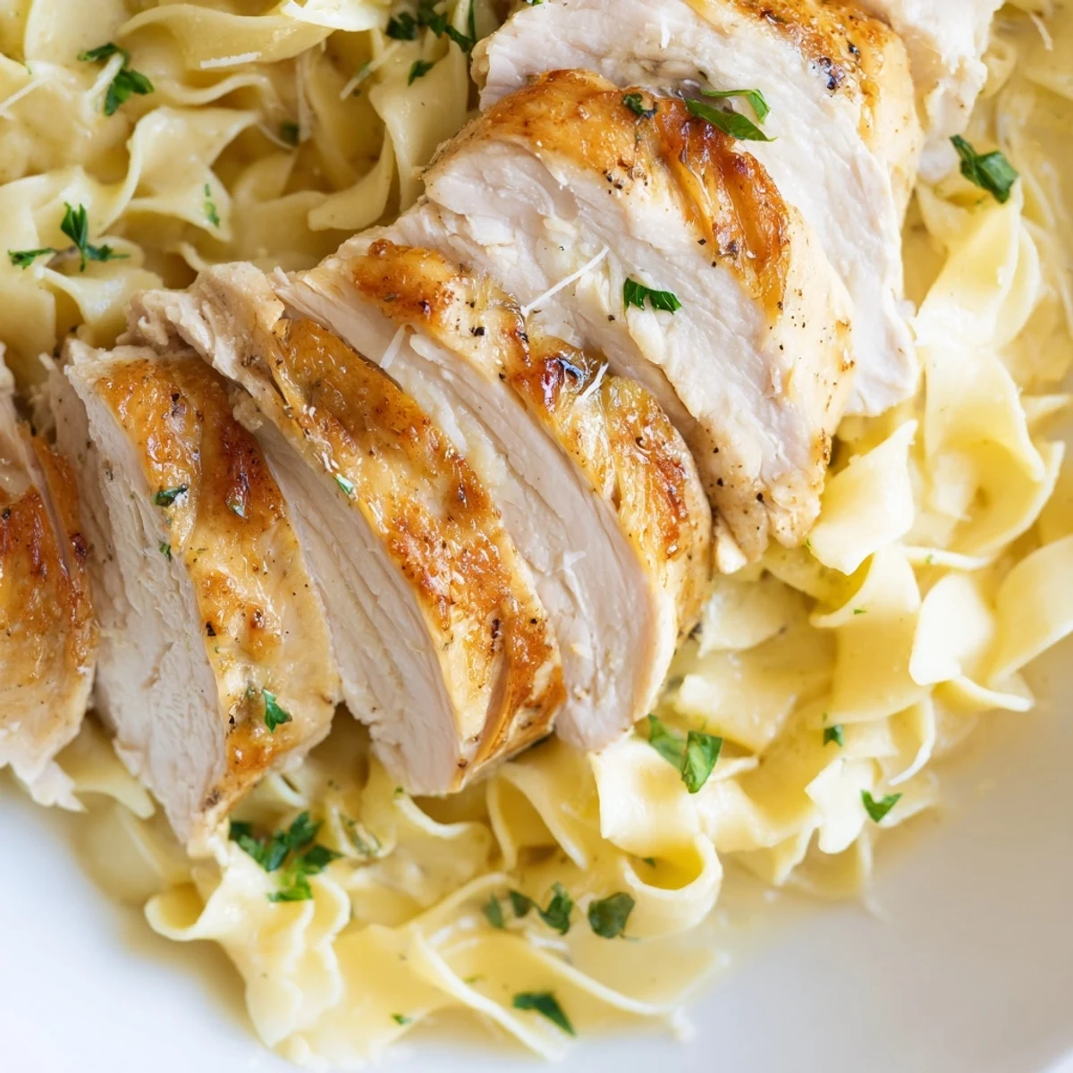 Comforting one pan meal showing juicy seasoned chicken nestled among silky buttered pasta with chopped herbs